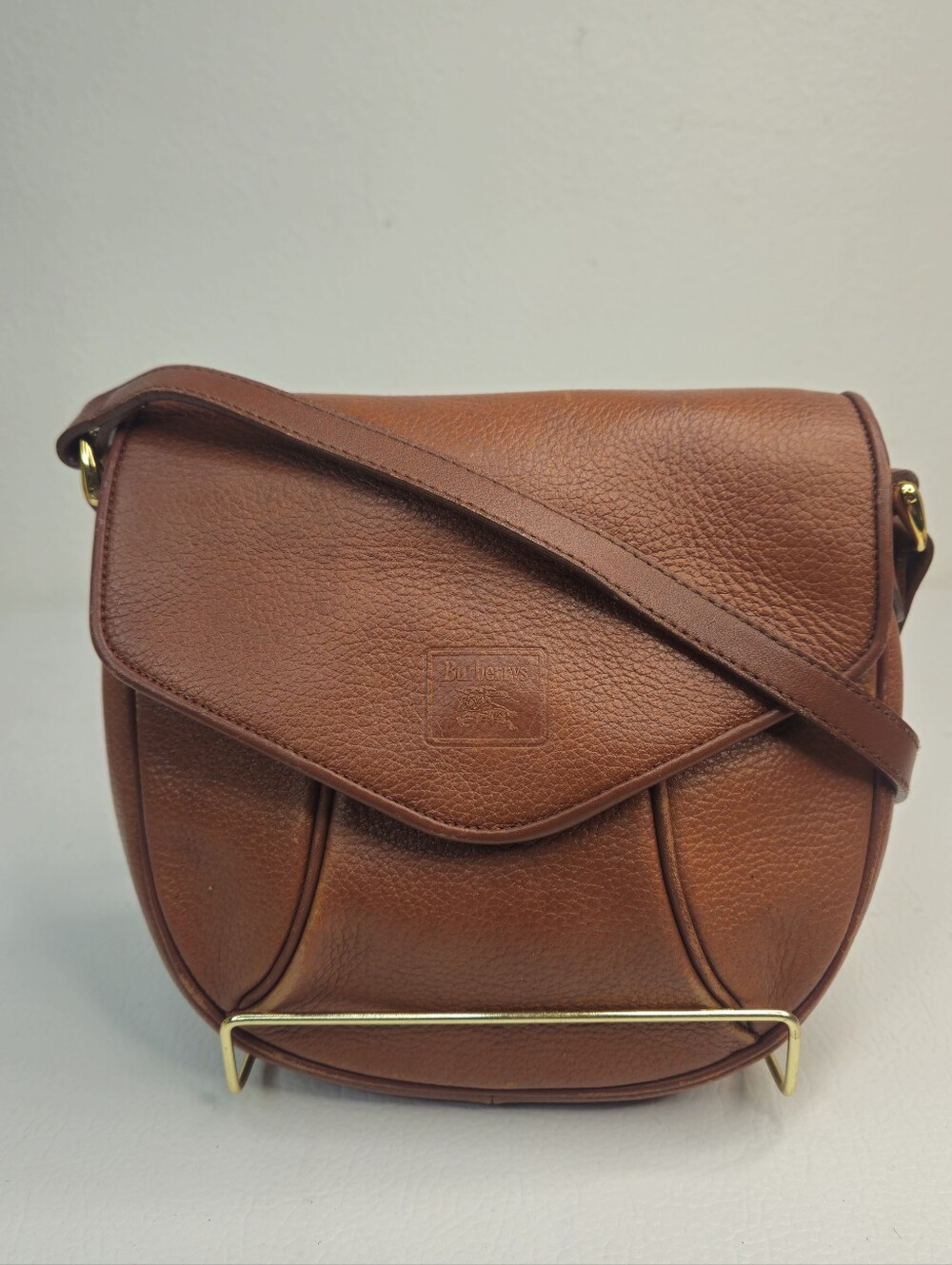 Authentic Burberry Vintage Brown Pebbled Leather Saddle Crossbody Bag Nova Check